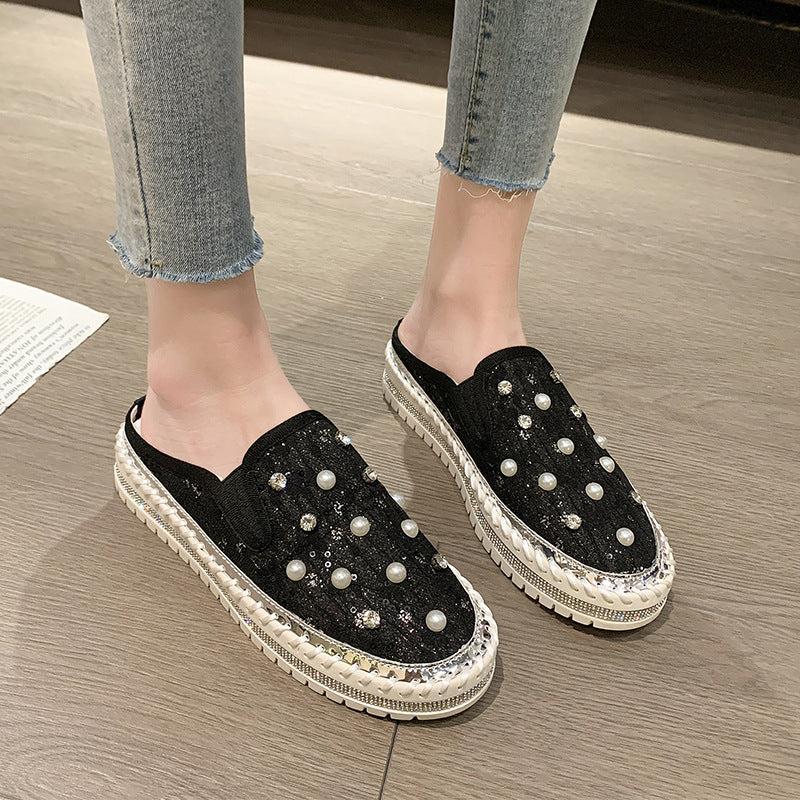Belifi Pearl Glimmer: Silk and Rhinestone-Embellished Slide Slippers