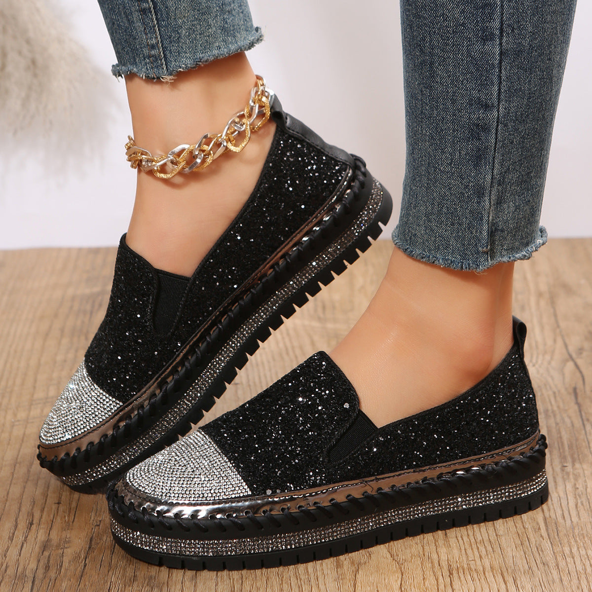 Belifi Starlight Stroll: Full Rhinestone Embellished Slip-On Shoes