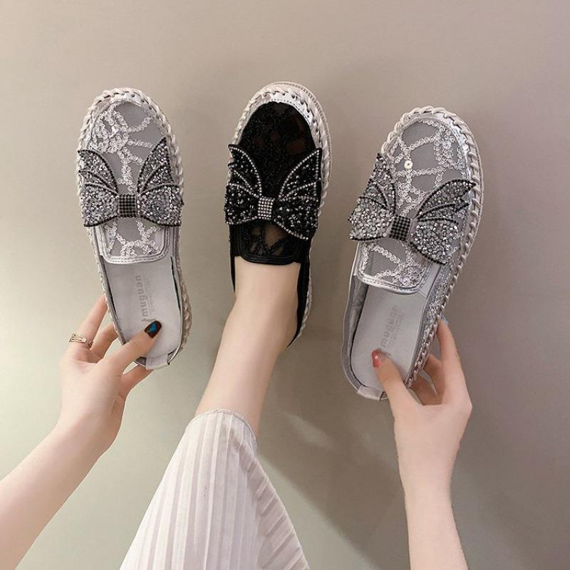 Belifi New Crystals Butterfly-knot Flat Platform Heels Half Slippers Women Bling Shoes