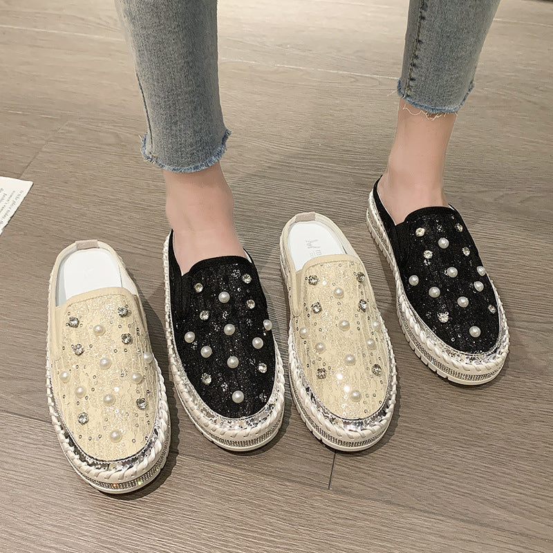 Belifi Pearl Glimmer: Silk and Rhinestone-Embellished Slide Slippers
