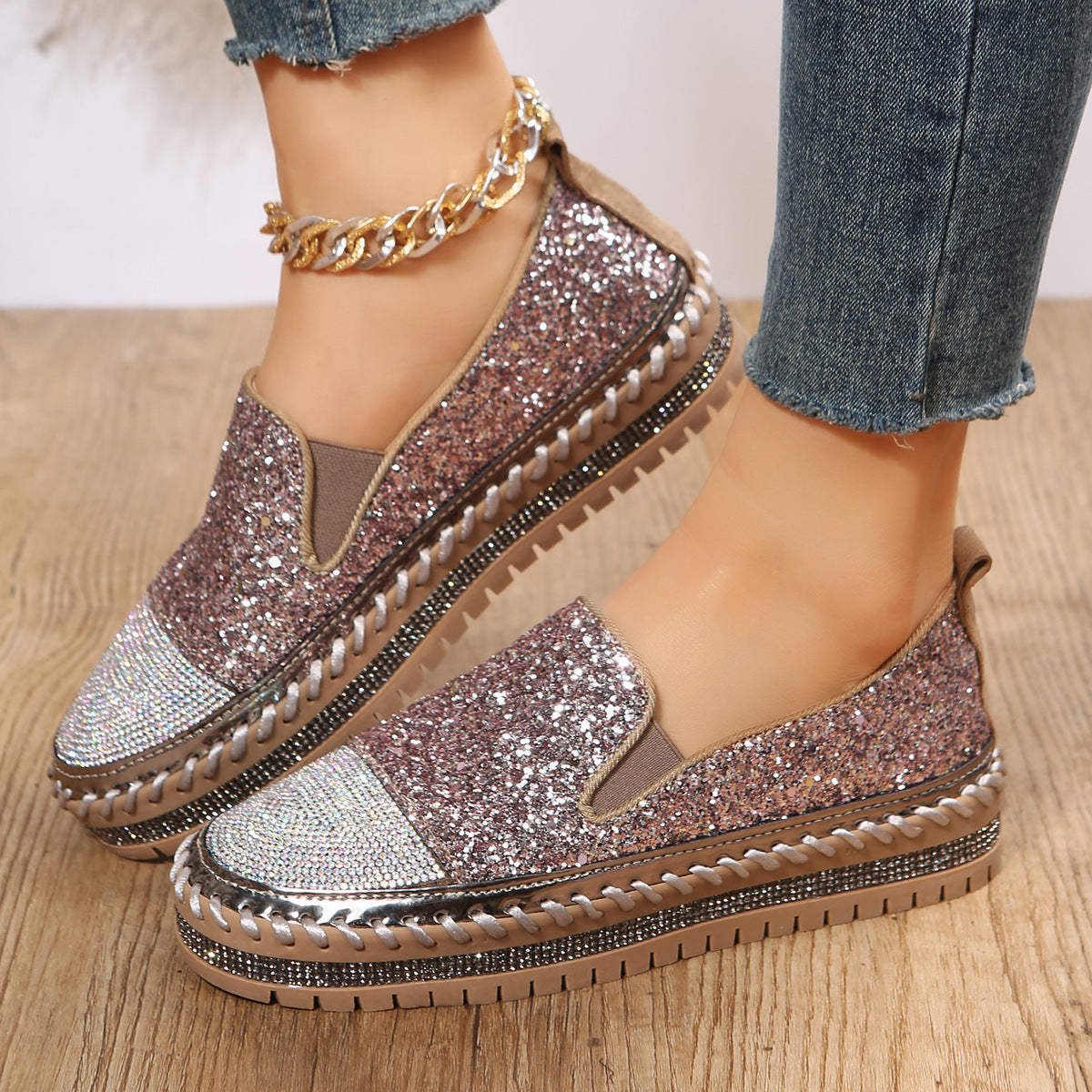 Belifi Starlight Stroll: Full Rhinestone Embellished Slip-On Shoes