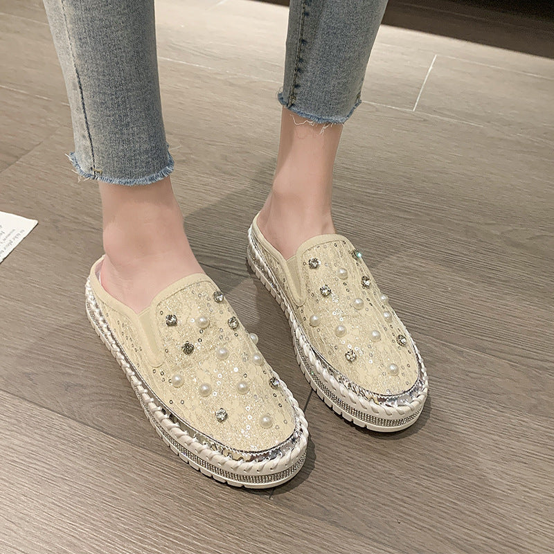 Belifi Pearl Glimmer: Silk and Rhinestone-Embellished Slide Slippers