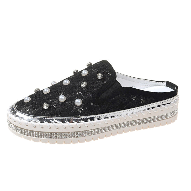 Belifi Pearl Glimmer: Silk and Rhinestone-Embellished Slide Slippers