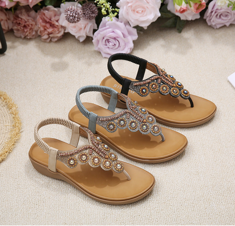 Belifi Leather Flip Flops Beaded Platform Female BohemiaSlippers