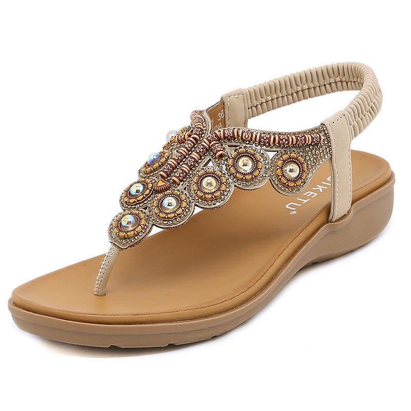 Belifi Leather Flip Flops Beaded Platform Female BohemiaSlippers