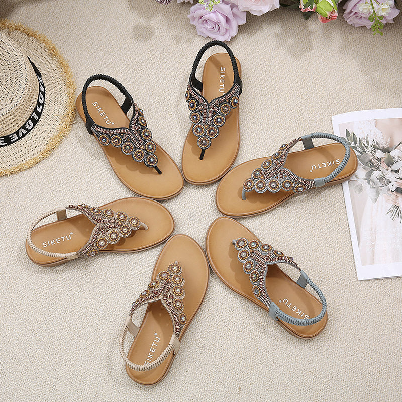 Belifi Leather Flip Flops Beaded Platform Female BohemiaSlippers