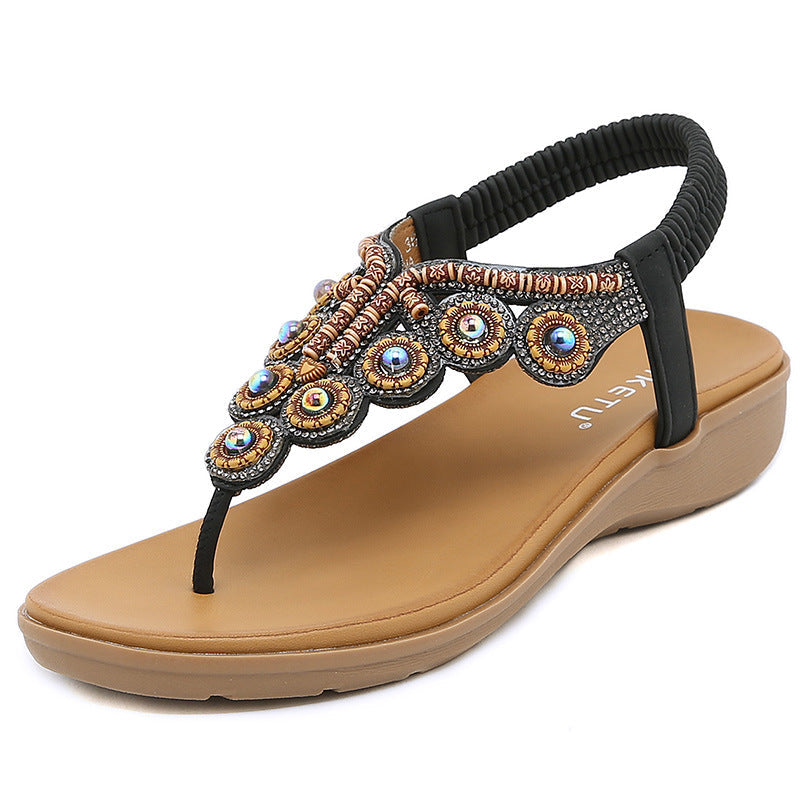 Belifi Leather Flip Flops Beaded Platform Female BohemiaSlippers