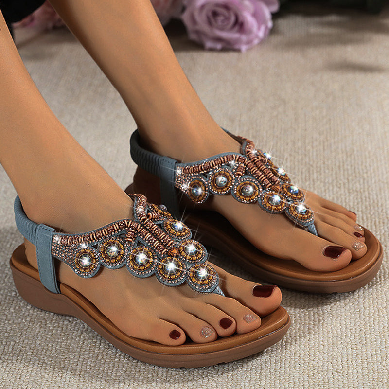 Belifi Leather Flip Flops Beaded Platform Female BohemiaSlippers