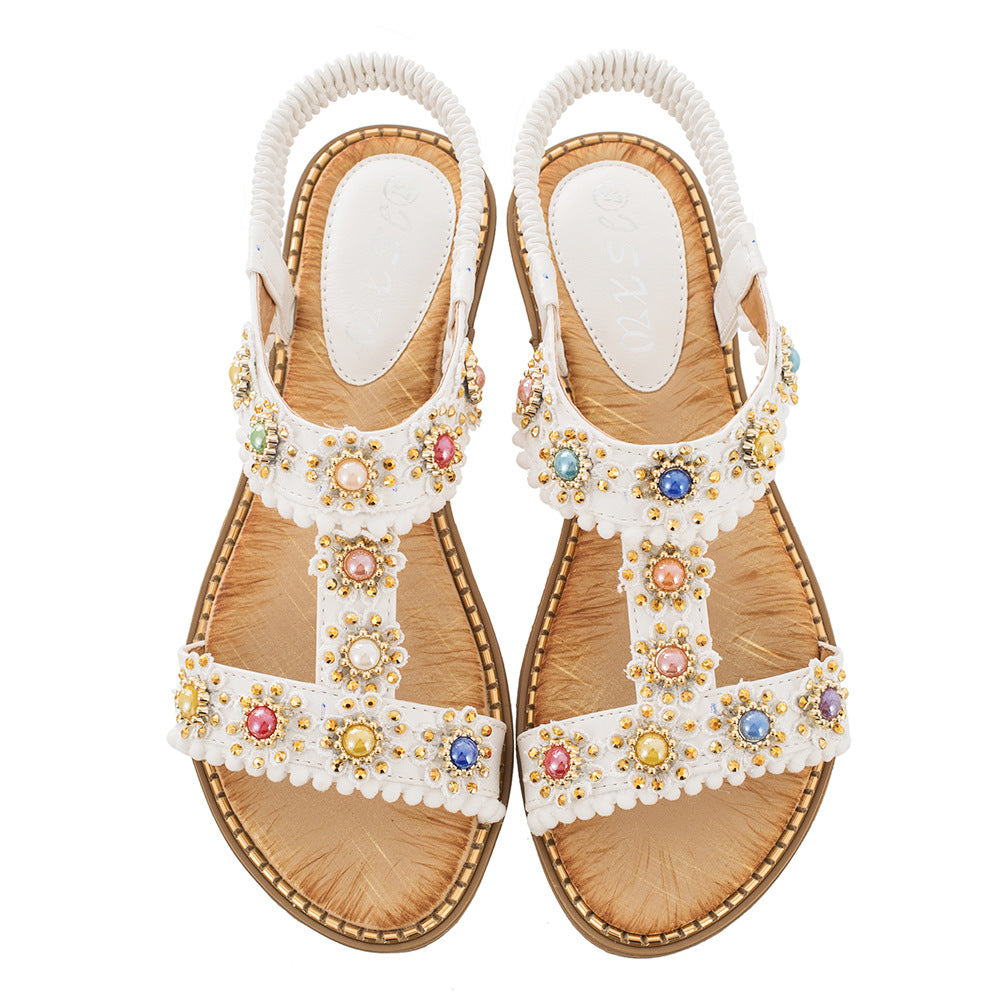 Belifi Bohemian Colored Pearls Comfortable Flat Sandals