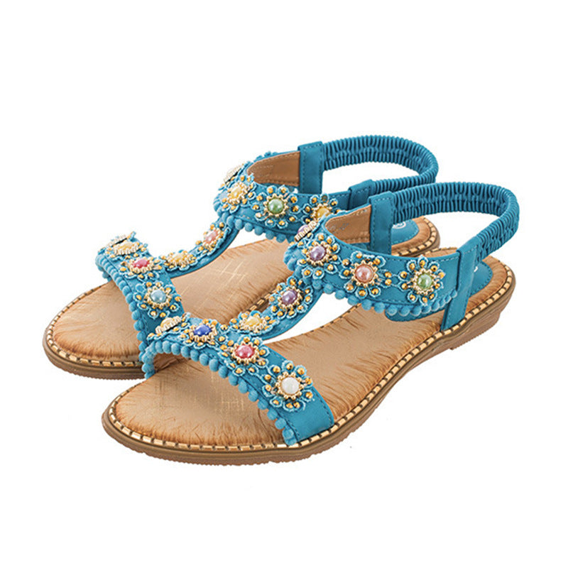 Belifi Bohemian Colored Pearls Comfortable Flat Sandals