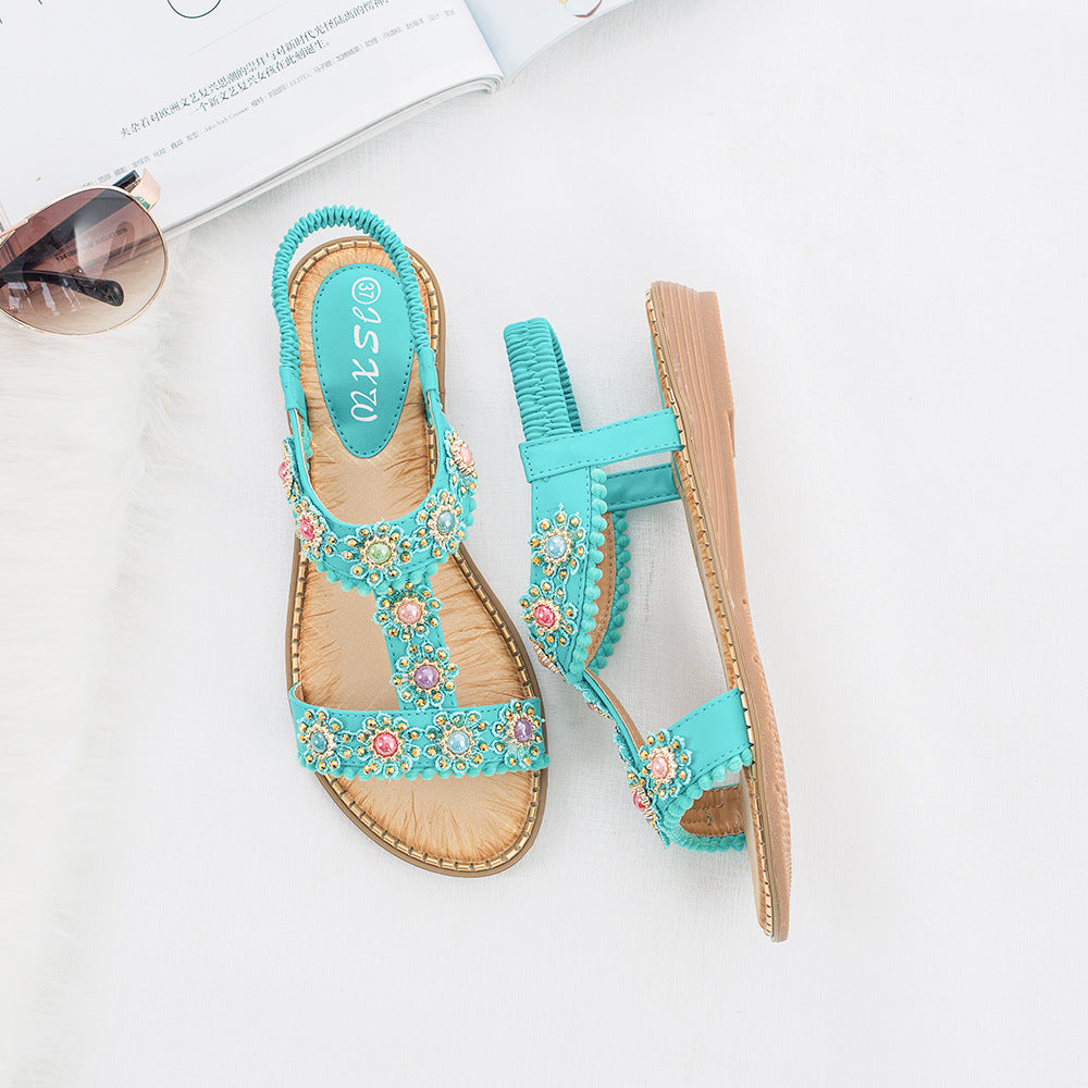 Belifi Bohemian Colored Pearls Comfortable Flat Sandals