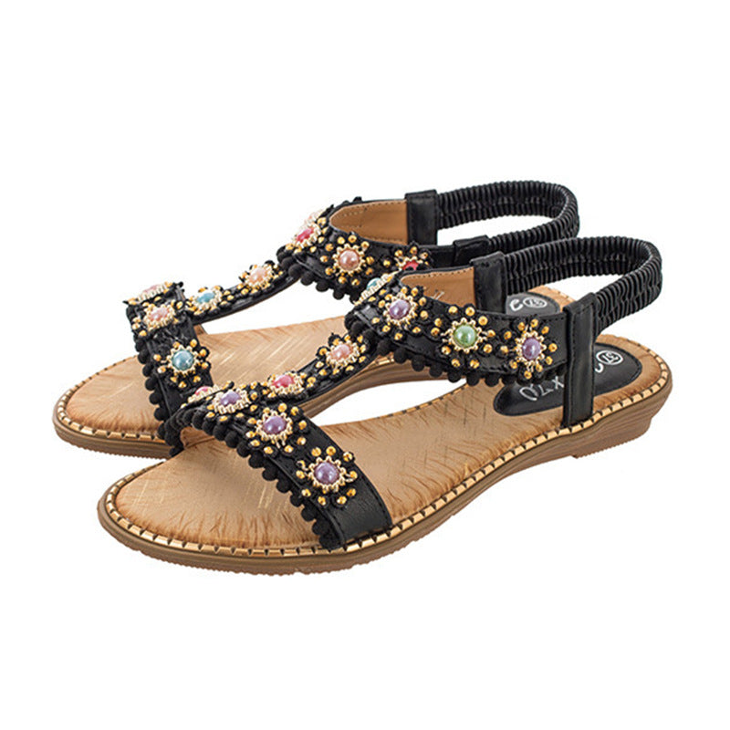 Belifi Bohemian Colored Pearls Comfortable Flat Sandals