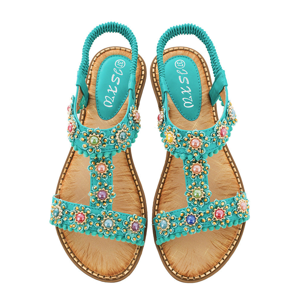 Belifi Bohemian Colored Pearls Comfortable Flat Sandals