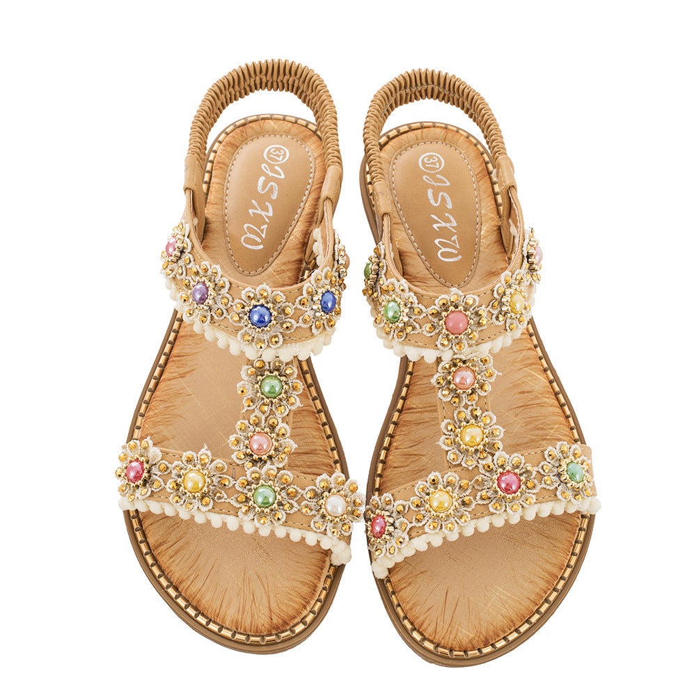 Belifi Bohemian Colored Pearls Comfortable Flat Sandals