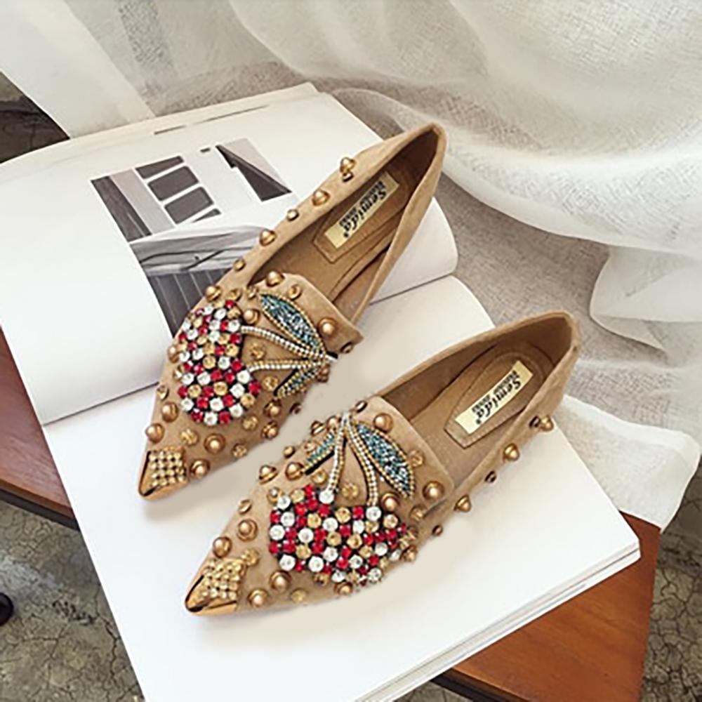 Luxurious Rhinestone Cherry Metal Pointed Toe Flat Shoes