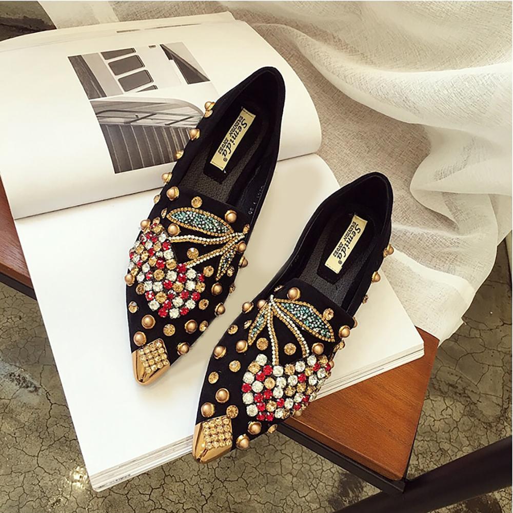 Luxurious Rhinestone Cherry Metal Pointed Toe Flat Shoes